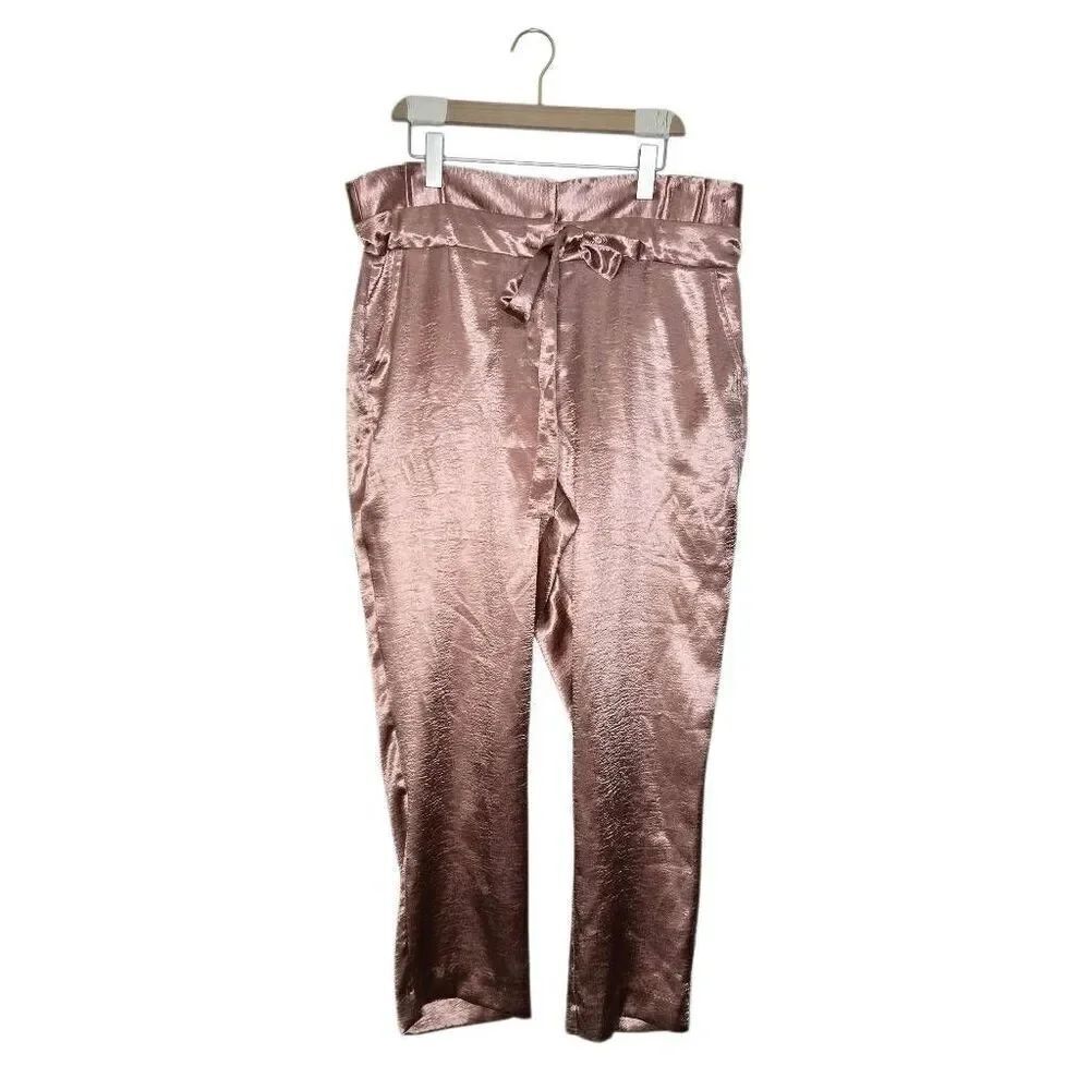 New York & Company Paper Bag Pants Size 14 High Rise Tapered Leg Pink Rose Gold